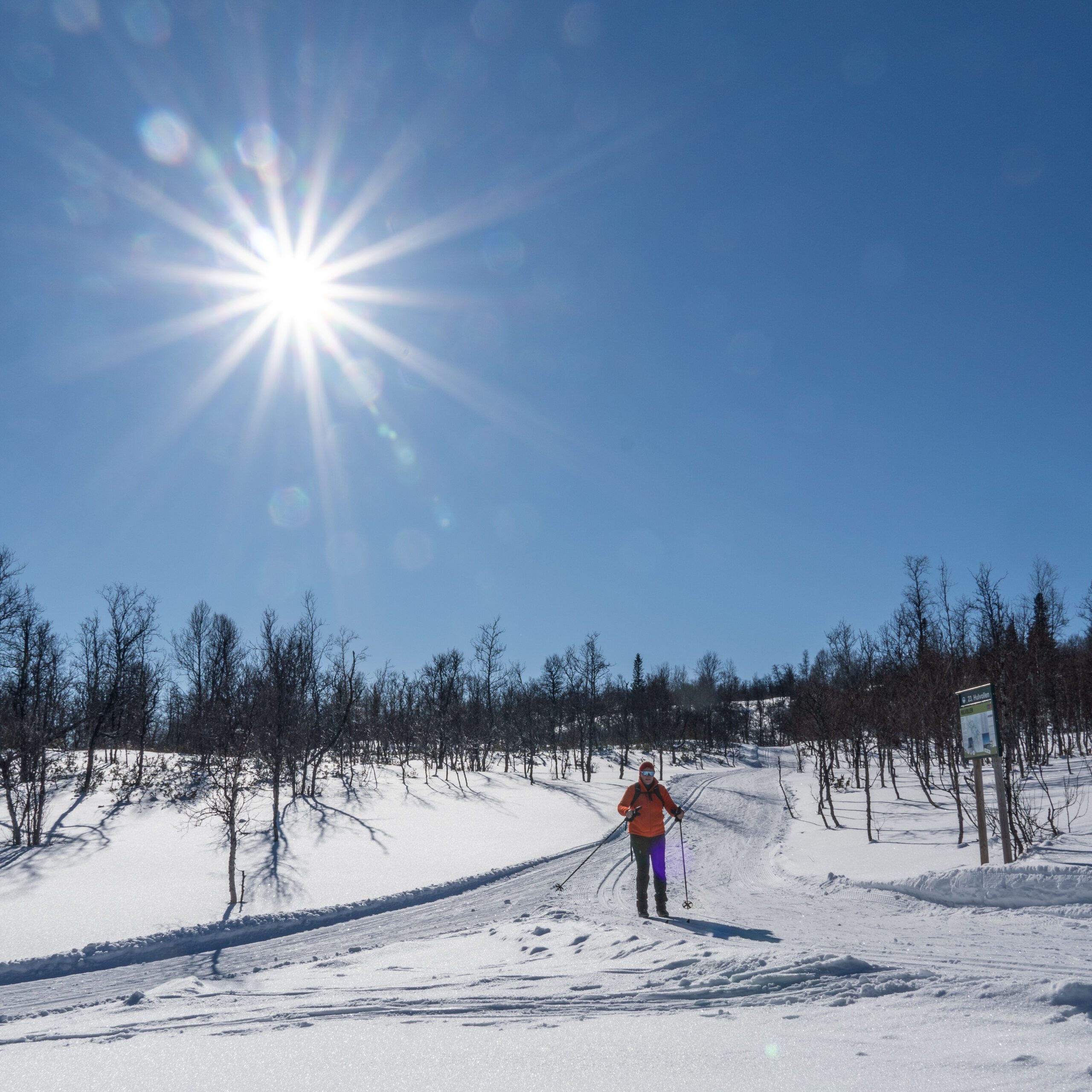 Person går på ski under skyfri himmel i Tydal
